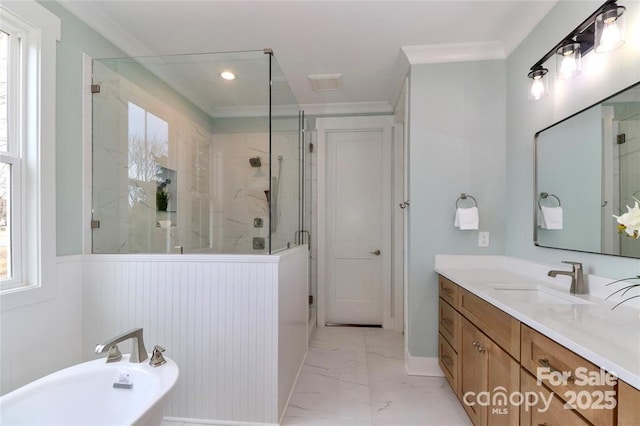332 Canvasback Rd, Mooresville, NC 28117 - full bath with a stall shower, marble look tiles, vanity, a freestanding tub, and ornamental molding