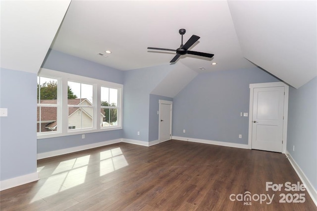 332 Canvasback Rd, Mooresville, NC 28117 - additional living space featuring dark wood-type flooring, vaulted ceiling, baseboards, a ceiling fan, and recessed lighting