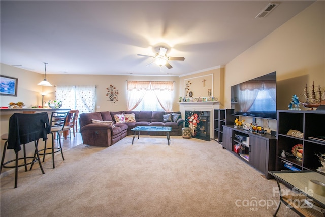16525 Kettlewell Ln, Charlotte, NC 28277 - living room with a ceiling fan, carpet flooring, and a tile fireplace