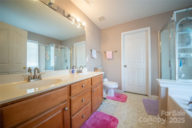 16525 Kettlewell Ln, Charlotte, NC 28277 - bathroom with a stall shower, double vanity, a bath, and toilet