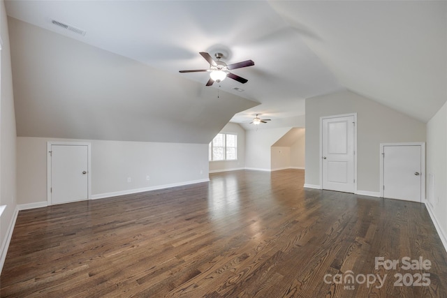 2785 Disney Pl, Indian Land, SC 29707 - bonus room with ceiling fan, lofted ceiling, dark wood-style flooring, and baseboards