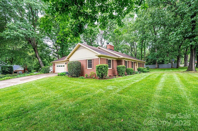 1304 5th Street Cir NW, Hickory, NC 28601 - single story home featuring a chimney, driveway, a garage, brick siding, and view of scattered trees