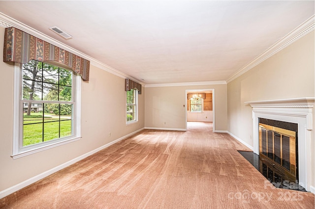 1304 5th Street Cir NW, Hickory, NC 28601 - unfurnished living room featuring a fireplace with flush hearth, carpet, crown molding, and plenty of natural light