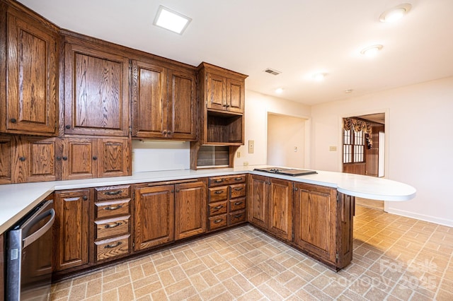 1304 5th Street Cir NW, Hickory, NC 28601 - kitchen with dishwasher, brick patterned floors, a peninsula, light countertops, and baseboards