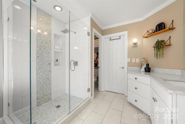 21621 Crown Lake Dr, Cornelius, NC 28031 - bathroom featuring a stall shower, ornamental molding, and vanity