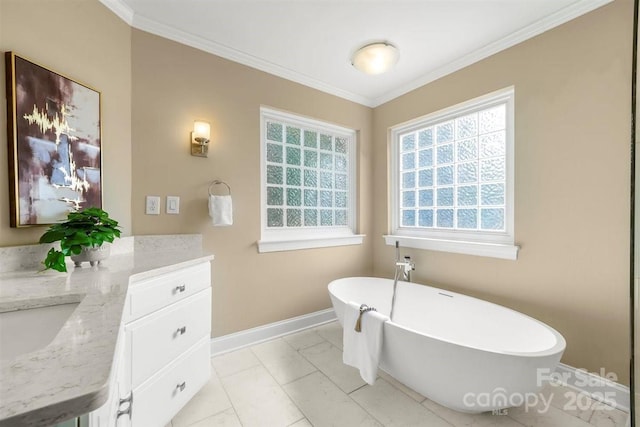21621 Crown Lake Dr, Cornelius, NC 28031 - bathroom featuring vanity, a soaking tub, and crown molding