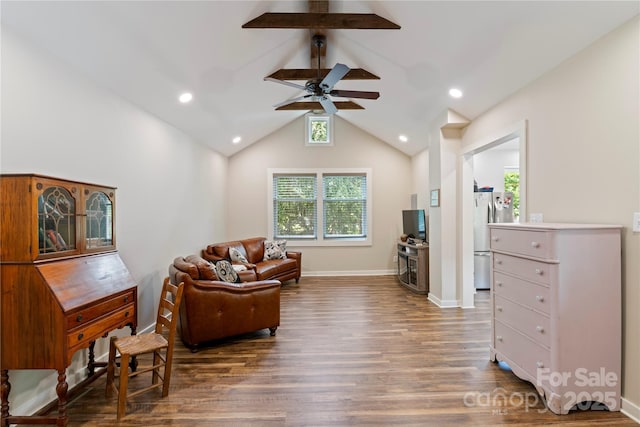 111 Altamahaw Ave, Black Mountain, NC 28711 - living area featuring a ceiling fan, wood finished floors, high vaulted ceiling, recessed lighting, and beamed ceiling