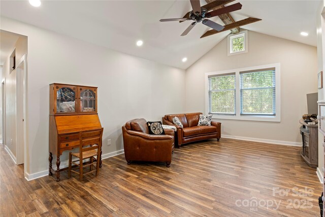 111 Altamahaw Ave, Black Mountain, NC 28711 - living area with dark wood-type flooring, a ceiling fan, high vaulted ceiling, and recessed lighting