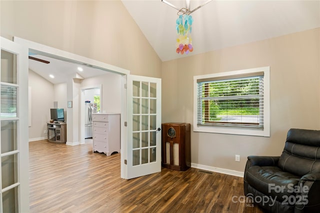 111 Altamahaw Ave, Black Mountain, NC 28711 - living area with wood finished floors, a chandelier, high vaulted ceiling, and french doors