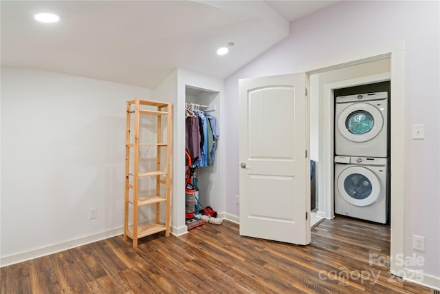 111 Altamahaw Ave, Black Mountain, NC 28711 - laundry area featuring estacked washer and dryer, dark wood-style flooring, and recessed lighting