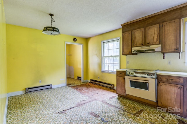 798 Wilson St, China Grove, NC 28023 - kitchen featuring under cabinet range hood, white electric stove, a baseboard heating unit, light countertops, and a textured ceiling