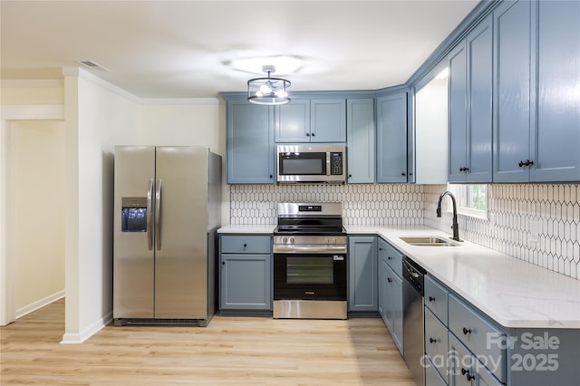 2280 Cannon Farm Rd, China Grove, NC 28023 - kitchen with appliances with stainless steel finishes, a sink, decorative backsplash, light wood-type flooring, and ornamental molding