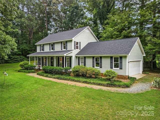 4848 Spicewood Dr, Charlotte, NC 28227 - view of front facade featuring roof with shingles, a porch, a front yard, view of scattered trees, and a garage