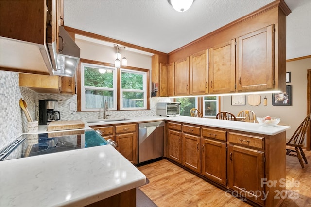4848 Spicewood Dr, Charlotte, NC 28227 - kitchen featuring a sink, stainless steel dishwasher, crown molding, a peninsula, and tasteful backsplash