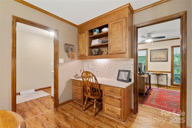 4848 Spicewood Dr, Charlotte, NC 28227 - office space with light wood-type flooring, ceiling fan, ornamental molding, and baseboards