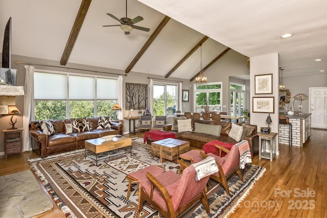 28 Mountain Vista Dr Unit 1 & 2, Asheville, NC 28804 - living room with high vaulted ceiling, wood finished floors, a chandelier, ceiling fan, and beamed ceiling