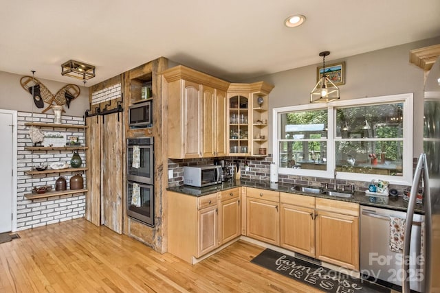 28 Mountain Vista Dr Unit 1 & 2, Asheville, NC 28804 - kitchen with open shelves, stainless steel appliances, a sink, tasteful backsplash, and recessed lighting