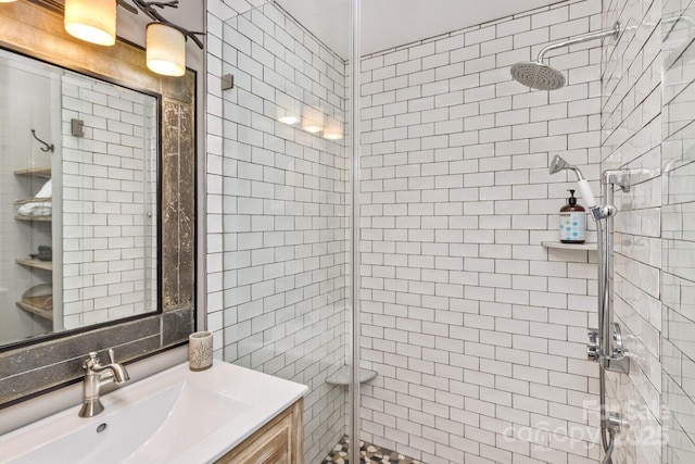 28 Mountain Vista Dr Unit 1 & 2, Asheville, NC 28804 - bathroom featuring a stall shower, vanity, and tile walls