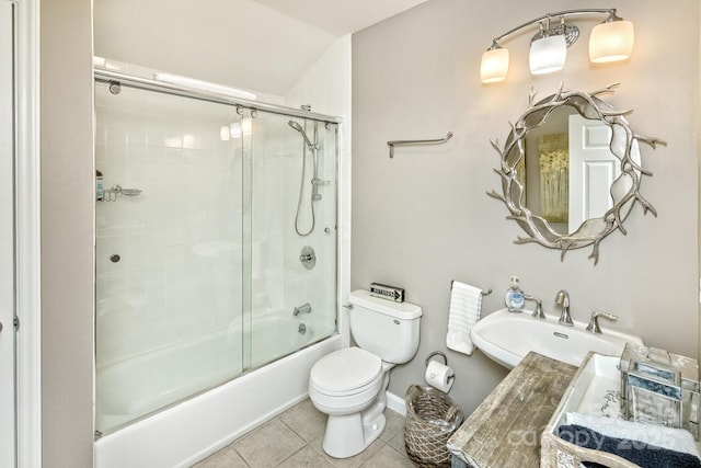 28 Mountain Vista Dr Unit 1 & 2, Asheville, NC 28804 - full bath with toilet, a sink, combined bath / shower with glass door, tile patterned flooring, and vaulted ceiling