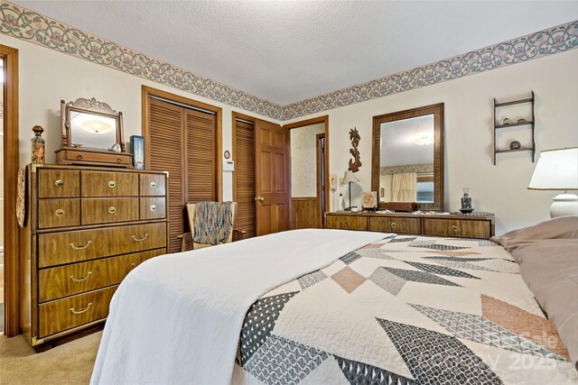 7050 W US-70 Hwy, Old Fort, NC 28762 - bedroom featuring light colored carpet, two closets, and a textured ceiling