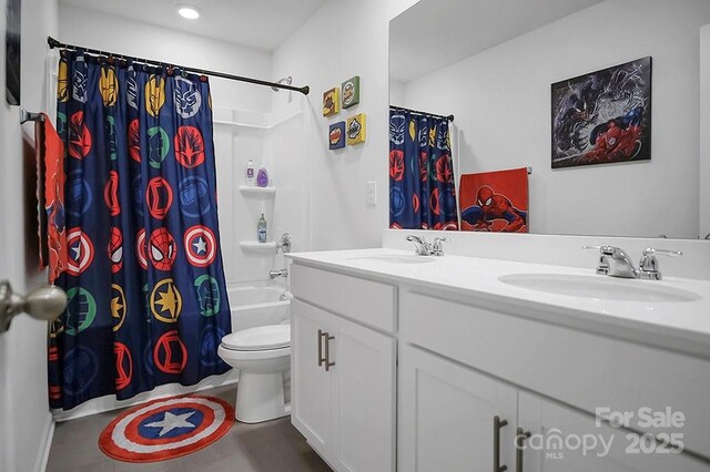 2013 Eastway Dr, Dallas, NC 28034 - bathroom with shower / bath combo, toilet, double vanity, and recessed lighting