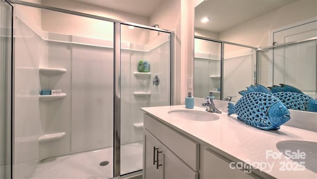 5137 Hyrule Dr, Charlotte, NC 28262 - full bath featuring double vanity, a shower stall, and recessed lighting