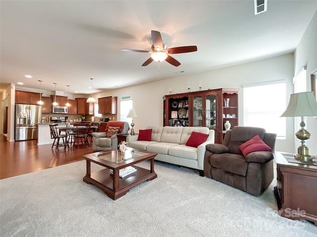 1228 Tranquil Falls Ln, Matthews, NC 28104 - living area with a ceiling fan, recessed lighting, and wood finished floors