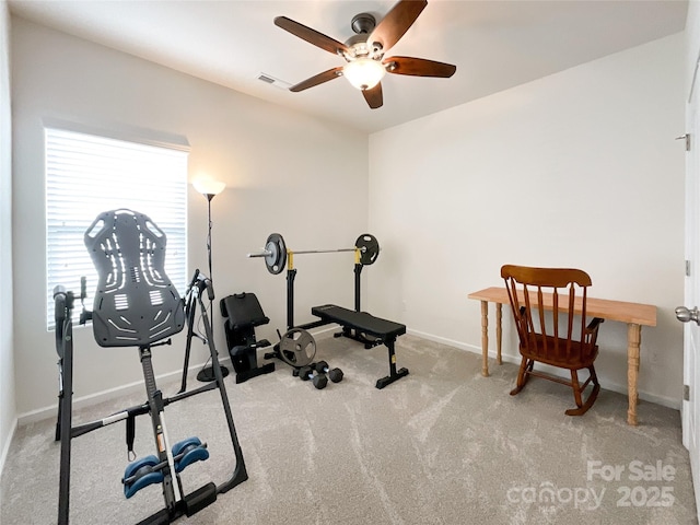 1228 Tranquil Falls Ln, Matthews, NC 28104 - exercise room featuring ceiling fan, baseboards, and carpet floors