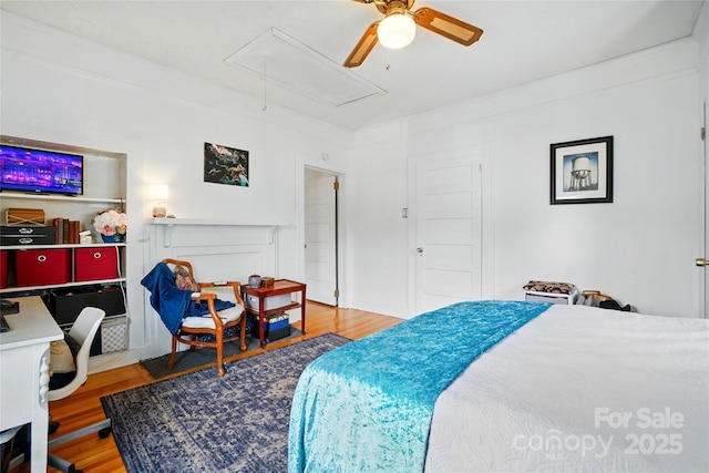 435 16th St, Cramerton, NC 28032 - bedroom featuring attic access, wood finished floors, and ceiling fan