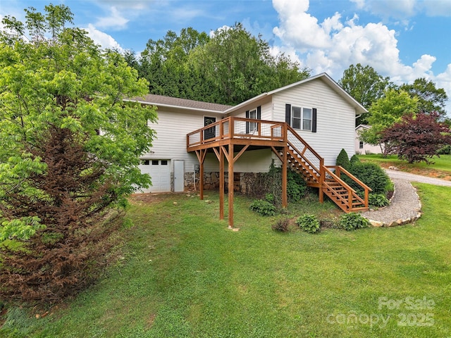 71 Midnight Ln, Waynesville, NC 28786 - back of house with a wooden deck, stairway, a garage, driveway, and a yard