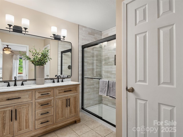 71 Midnight Ln, Waynesville, NC 28786 - bathroom with double vanity, a shower stall, a ceiling fan, and tile patterned flooring