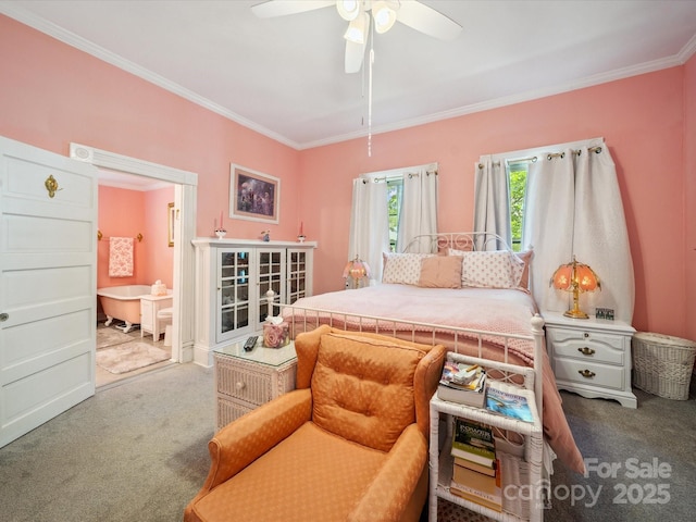 408 S Ellis St, Salisbury, NC 28144 - carpeted bedroom with crown molding, ceiling fan, and ensuite bathroom