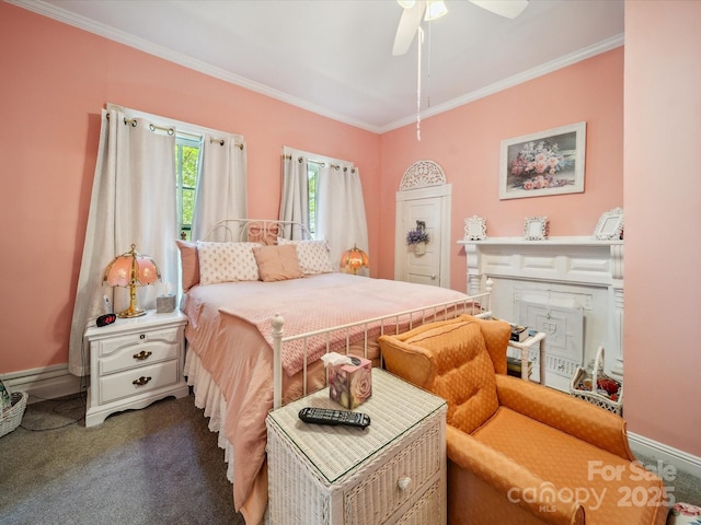 408 S Ellis St, Salisbury, NC 28144 - bedroom featuring ornamental molding, a ceiling fan, and carpet floors