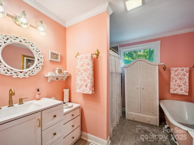 408 S Ellis St, Salisbury, NC 28144 - full bathroom featuring vanity, tile patterned flooring, crown molding, a freestanding bath, and a shower with shower curtain