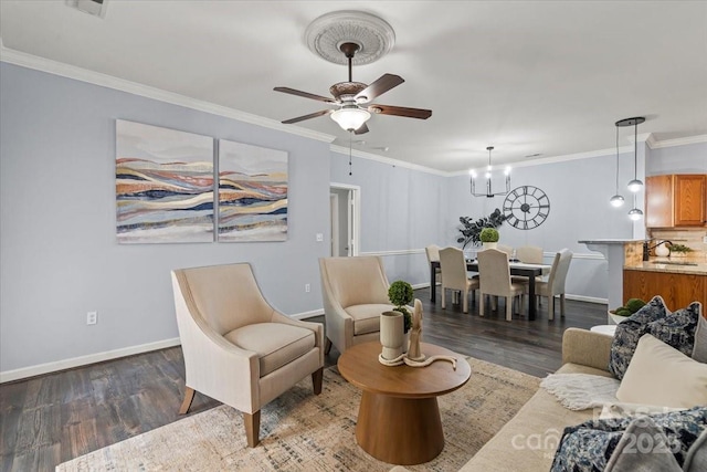 11911 Ridgeway Park Dr, Charlotte, NC 28277 - living room featuring wood finished floors, ceiling fan, baseboards, crown molding, and a chandelier