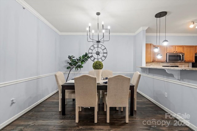 11911 Ridgeway Park Dr, Charlotte, NC 28277 - dining room with a chandelier, dark wood-style flooring, ornamental molding, and baseboards