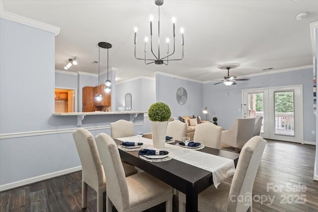 11911 Ridgeway Park Dr, Charlotte, NC 28277 - dining room featuring wood finished floors, ornamental molding, ceiling fan, baseboards, and a chandelier