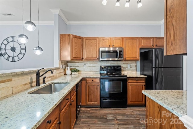 11911 Ridgeway Park Dr, Charlotte, NC 28277 - kitchen featuring black appliances, a sink, crown molding, decorative backsplash, and light stone counters