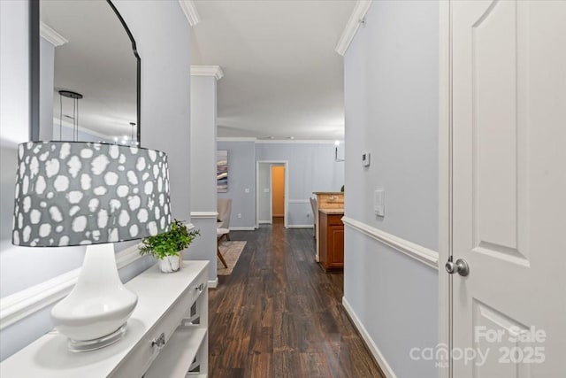 11911 Ridgeway Park Dr, Charlotte, NC 28277 - hallway featuring dark wood-style floors, ornamental molding, and baseboards