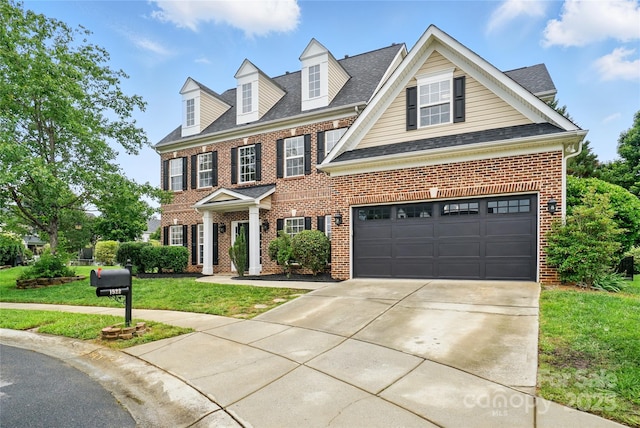 1522 Napa St NW, Concord, NC 28027 - colonial house featuring brick siding, driveway, a front yard, and a shingled roof