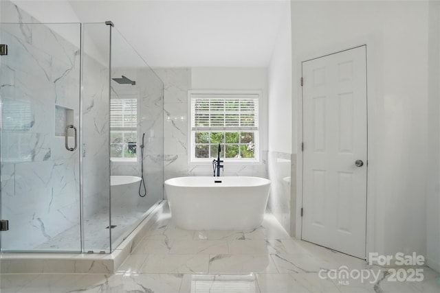 1522 Napa St NW, Concord, NC 28027 - bathroom with a marble finish shower, a freestanding tub, tile walls, and marble tiled flooring