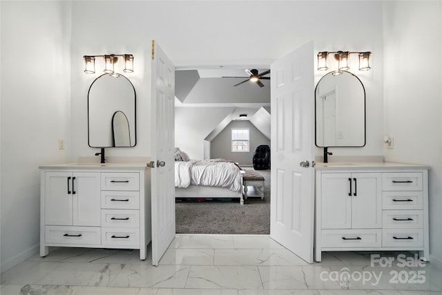 1522 Napa St NW, Concord, NC 28027 - full bathroom with marble look tile flooring, two vanities, ensuite bathroom, and ceiling fan