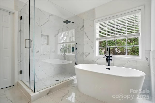 1522 Napa St NW, Concord, NC 28027 - full bath featuring marble tiled floors, a marble finish shower, and a soaking tub