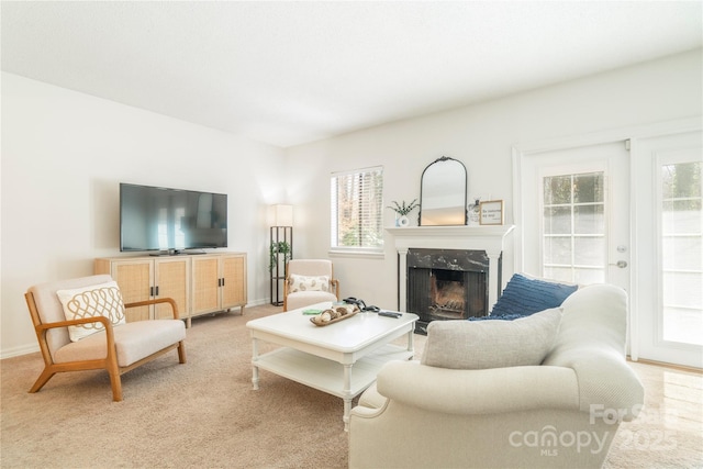 3615 Maple Glenn Ln, Charlotte, NC 28226 - living area with a high end fireplace, light colored carpet, and baseboards