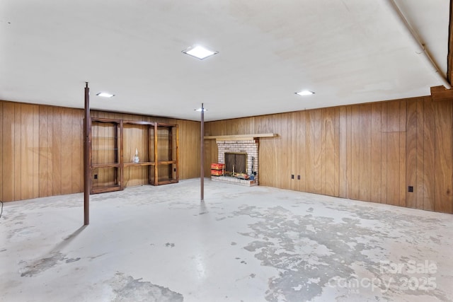 518 W School St, Maiden, NC 28650 - finished basement with a brick fireplace and wood walls