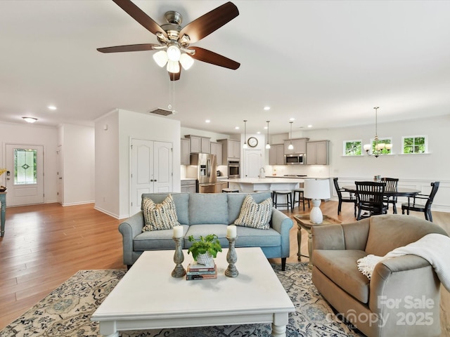 200 Sweet Briar Dr, Fort Mill, SC 29707 - living area featuring a ceiling fan, light wood-type flooring, baseboards, and recessed lighting