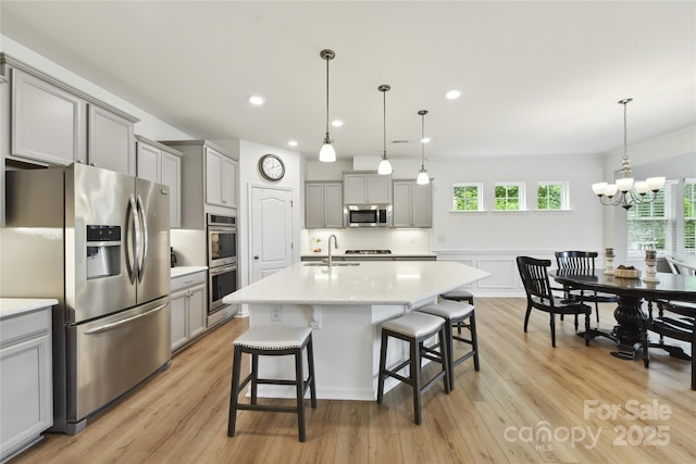 200 Sweet Briar Dr, Fort Mill, SC 29707 - kitchen with appliances with stainless steel finishes, gray cabinetry, a kitchen bar, a sink, and recessed lighting