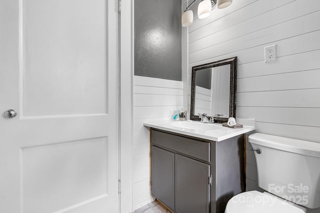 1266 18th St NE, Hickory, NC 28601 - bathroom featuring vanity, toilet, and wooden walls
