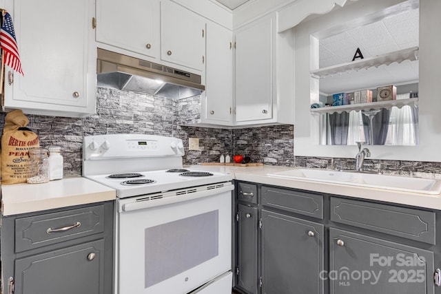 1266 18th St NE, Hickory, NC 28601 - kitchen featuring white range with electric stovetop, under cabinet range hood, gray cabinetry, and a sink