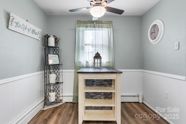 1266 18th St NE, Hickory, NC 28601 - detailed view of wainscoting, baseboard heating, wood finished floors, a ceiling fan, and a baseboard heating unit